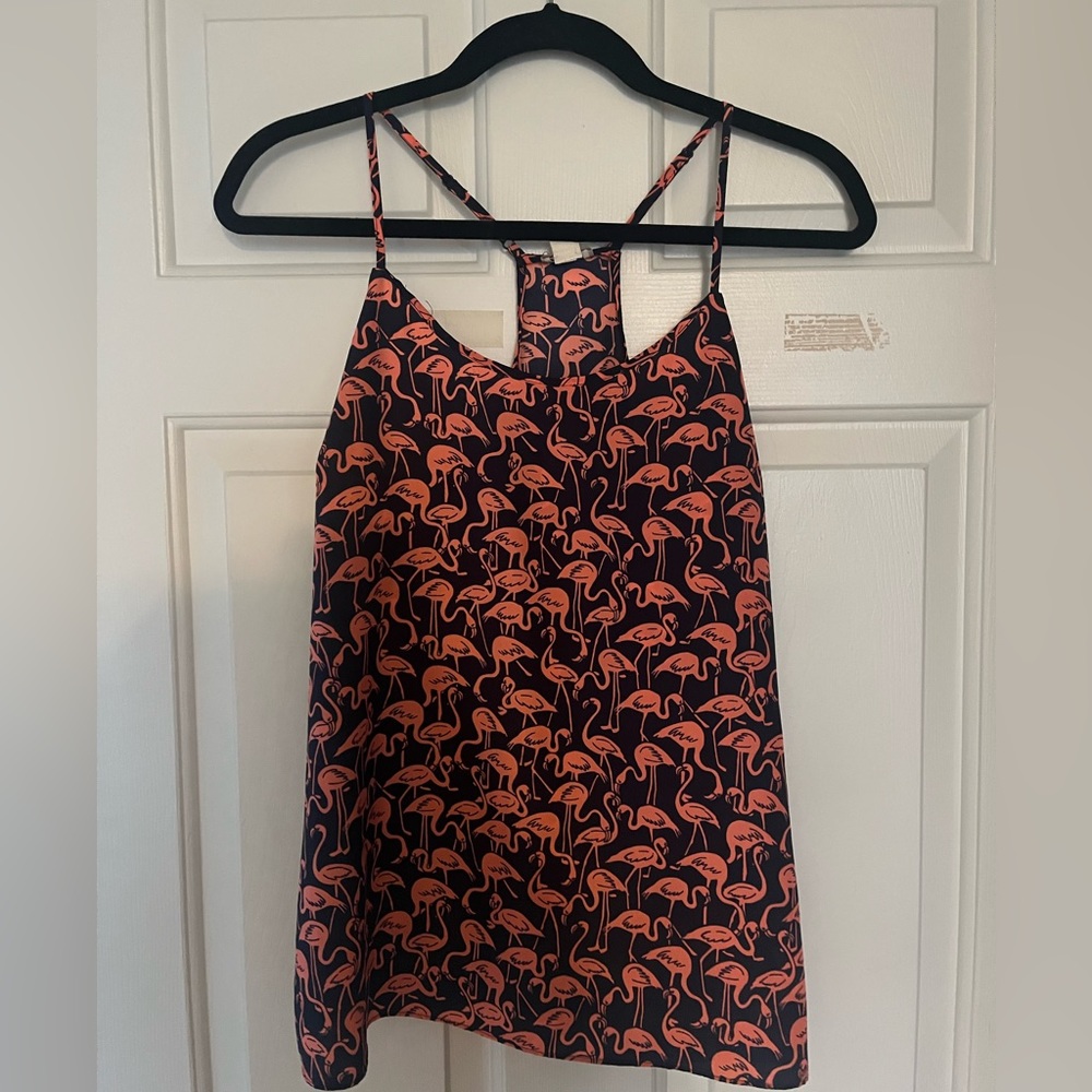 J. Crew Black & Coral Flamingo Print Cami